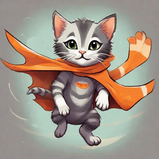 Prompt: fake boy whit kitten with gray strips and an orange cape flying, vibrant and whimsical art style, bright and warm color tones, dynamic and joyful expression, high quality, cartoon, flying kitten, whimsical, vibrant colors, joyful expression, warm tones, dynamic movement, detailed fur, colorful cape, high quality