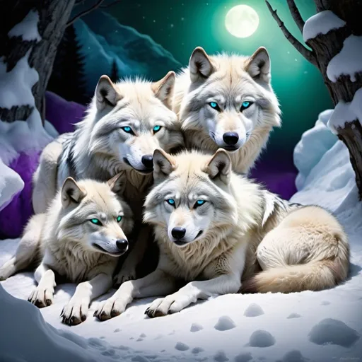Prompt: white blue and purple wolf pack with some wolves sleeping in a wolf  den' on snow fluffy detailed hyper realistic the wolves have light blue and green eyes bright glow in the lighting