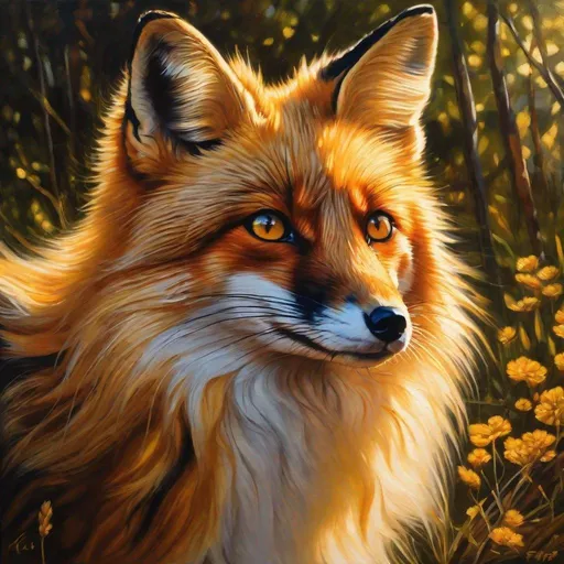 Prompt: detailed oil portrait of a stunning beautiful fox with {broad black and gold stripes} and {sunlit gold eyes}, tortie fox, nine-tailed fox, vitiligo fur, nine fluffy yellow tails, feral, kitsune tails, quadruped, male fox, Warrior cats by Erin Hunter, gorgeous anime portrait, intense cartoon, beautiful 8k eyes, kitsune, fiery, fire element, ice element, frost, detailed fine fur, fine oil painting, stunning, gorgeous, gazing at viewer, beaming eyes, lake shore sunrise, perfect reflection, shimmering, professional shading, sharply focused orange clouds, highly detailed cliffs in foreground, brilliant sunrise on golden sky, (horizontal background), 64k, hyper detailed, expressive, clever, beautiful, thick silky mane, golden ratio, symmetric, accurate anatomy, precise, perfect proportions, vibrant, standing majestically on a mountain, hyper detailed, complementary colors, UHD, HDR, top quality artwork, beautiful detailed background, unreal 5, artstaion, deviantart, instagram, professional, masterpiece
