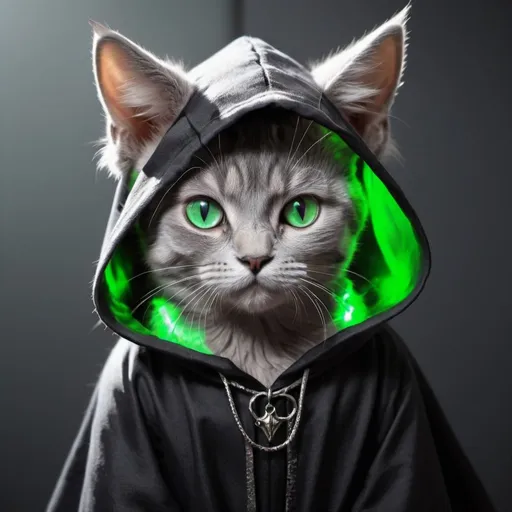 Prompt: silver cat with a black cloak black hood over its head its cat ears are pokeing out of the hood and you can see its glowing green eyes dragon wings on the gray cat older cat not baby and not old its a kid
