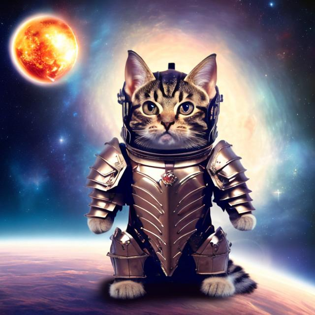 Prompt: a giant kitten in armor in space