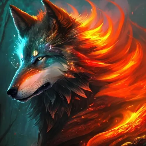 Prompt: Magical fire wolf, digital painting, vibrant and fiery colors, mystical forest setting, intense and powerful gaze, translucent fiery fur, mystical, high quality, detailed, fantasy, ethereal, fiery, magical, vibrant colors, mystical forest, intense gaze, digital painting, powerful, translucent fur, professional, atmospheric lighting