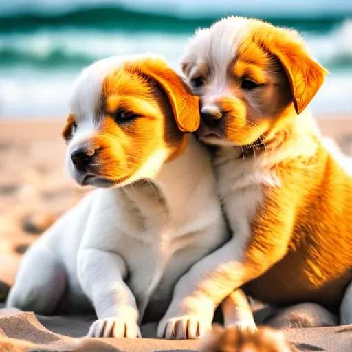 Prompt: two puppies hugging on the beach lots of detail