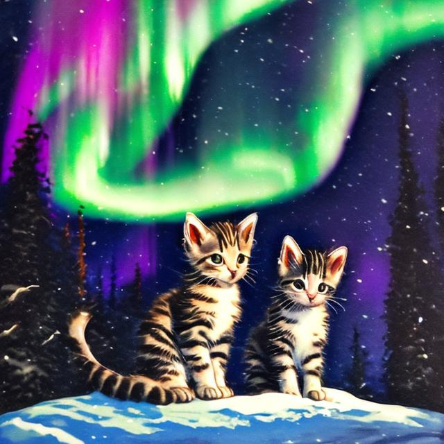 Prompt: two kitten washing the northern lights in the and its snowing lots of detail