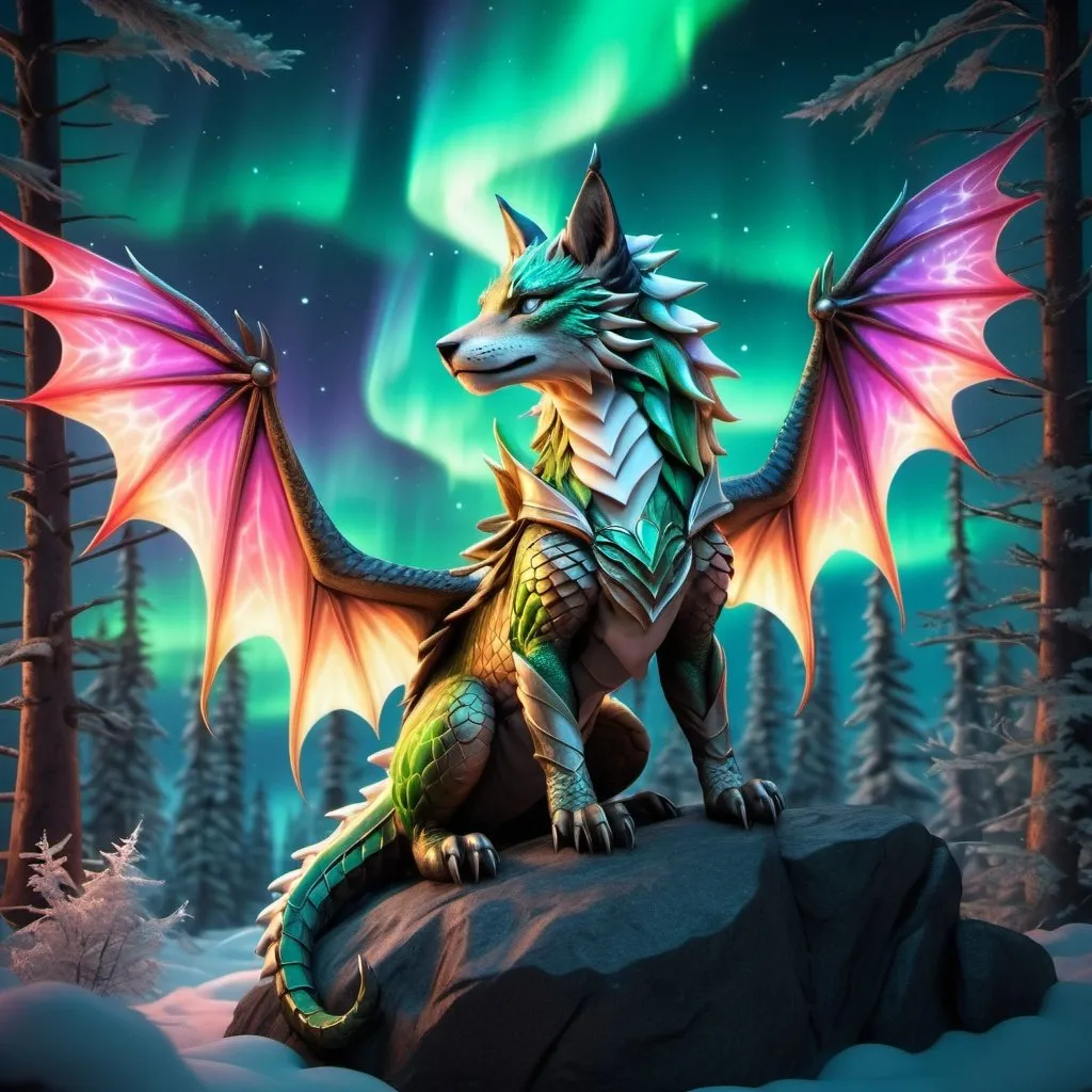 Prompt: wild fox dragon warrior siting in hyper realistic fantasy forest future seen with northern lights above the wild fox warrior wild fox dragon warrior fire element siting in hyper realistic fantasy forest future seen with northern lights above the wild fox warrior the wild fire element fox dragon has two dragon wings cute detailed
