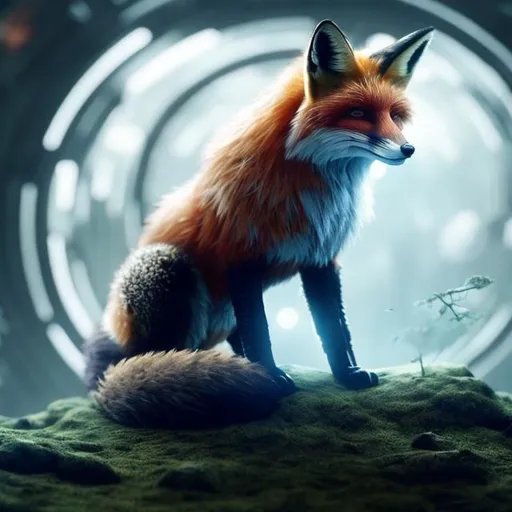 Prompt: fox made of nature detailed futuristic settings sci fi