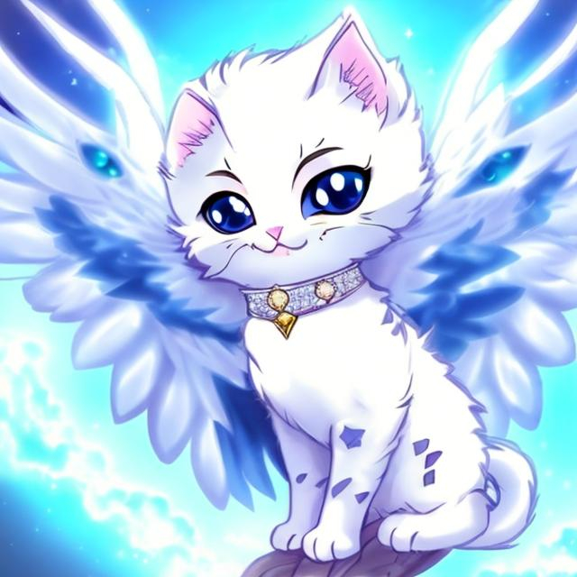 Prompt: a whit kitten with diamond gems on it and wings anime