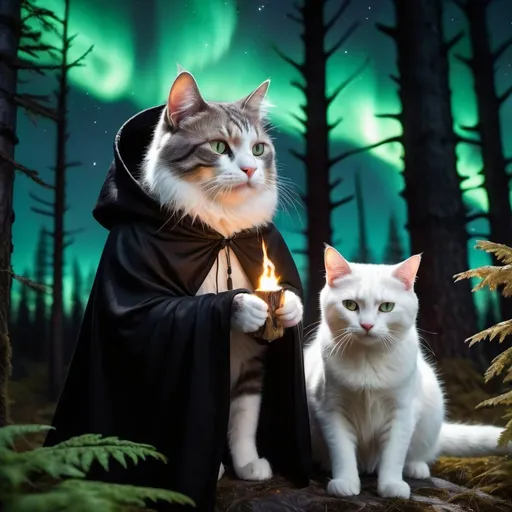 Prompt: wild light brawn and white cat waring a black cloak warrior siting in hyper realistic fantasy forest future seen with northern lights above the wild light brawn and white cat waring a cloak the cat is also eating a marshmallow good lighting detailed
