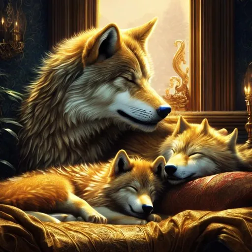 Prompt: Golden wolf and colorful cub sleeping in detailed, high quality, luxurious rendering, intricate details, vibrant hues, peaceful, elegant, gold, red, blue, sleeping, parent and child, detailed fur, majestic, realistic, peaceful lighting