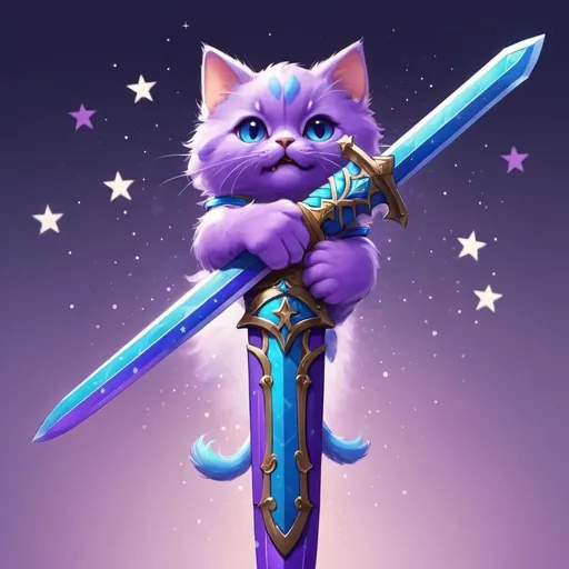 Prompt: a purple and blue sword  with stars on it       getting grabbed by a purple paw