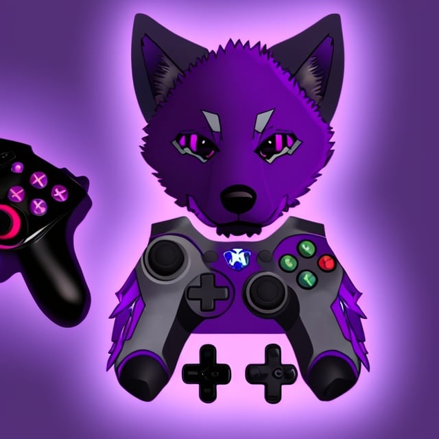 Prompt: violet colored wolf cub with a gaming controller in its paws the lighting is a little dark