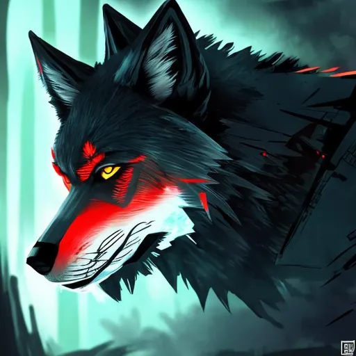 Prompt: sci fi light red wolf with accents of black detailed in a bright green forest good lighting with a black mohawk