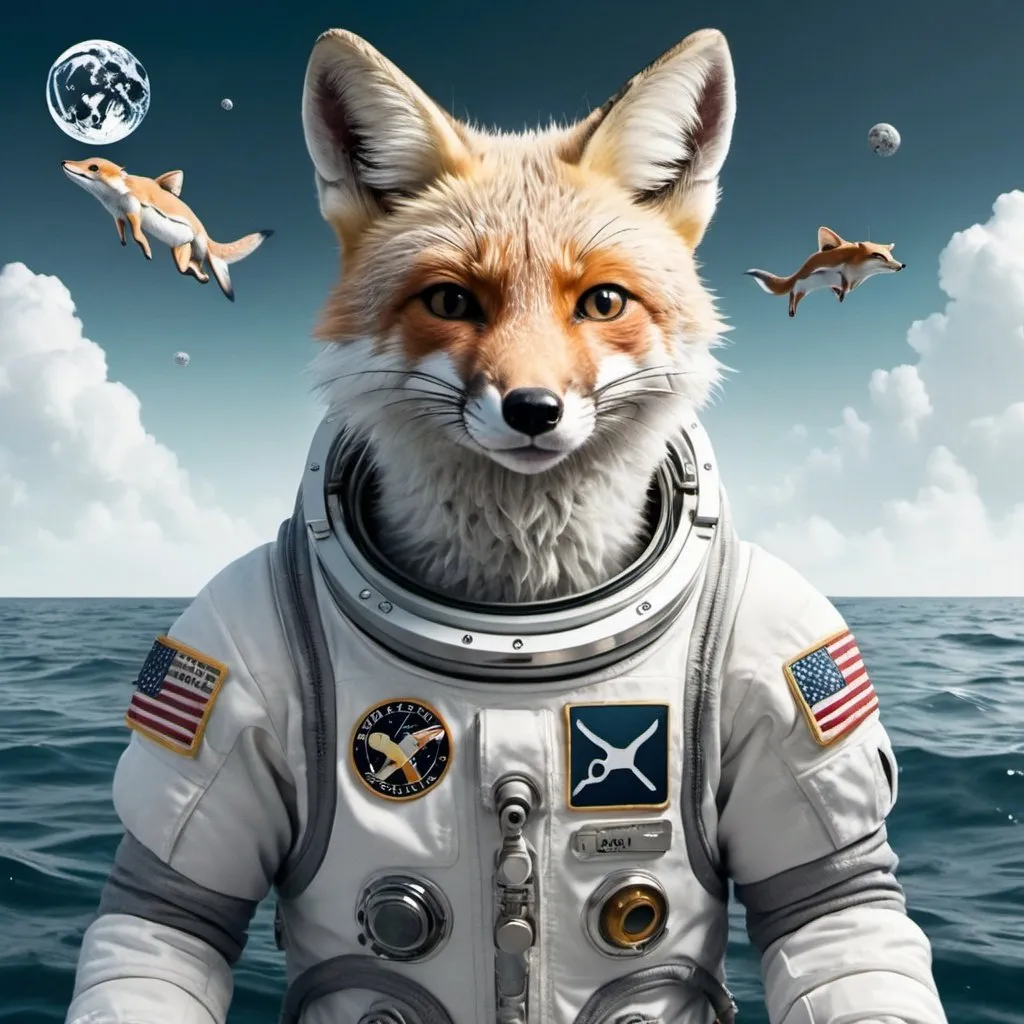 Prompt: white and gray fox in astronaut suit in the ocean with big bold letters at the top saying astronaut in the ocean detailed