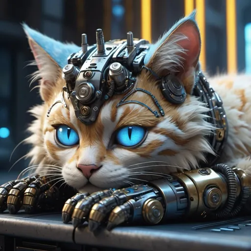 Prompt: Highly detailed kittenpunk scene sleeping, hyper-realistic 4K rendering, volumetric lighting, HD quality, futuristic cityscape backdrop, mechanical feline with intricate joints and circuit patterns, cool-toned futuristic atmosphere, detailed fur with lifelike textures, cyberpunk aesthetic, ultra-detailed, volumetric lighting, professional rendering, HD, 4K blue and gold eyes sleeping