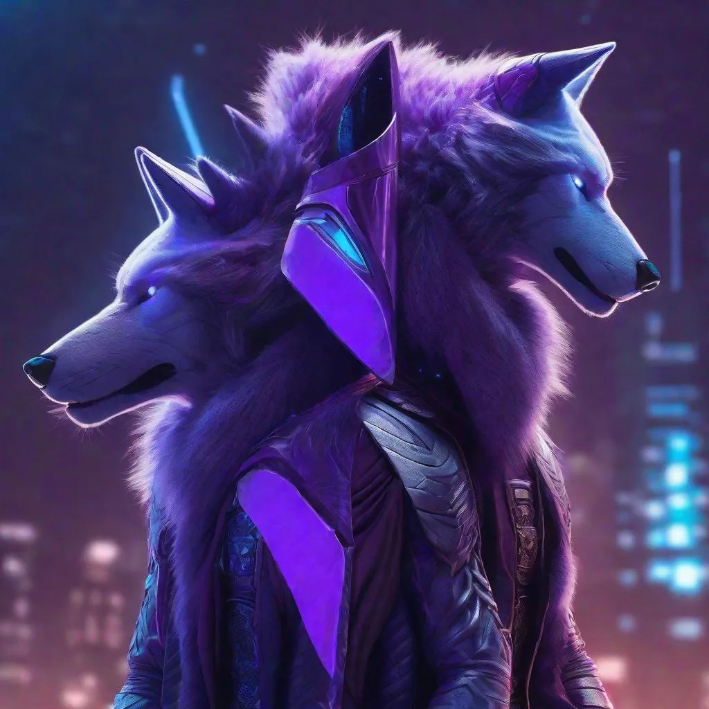 Prompt: 3-headed man-wolf, futuristic setting, ultra-detailed fur, sci-fi, purple and light blue accents, highres, futuristic, detailed eyes, professional, atmospheric lighting