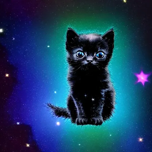 Prompt: a light up black kitten in space on a star