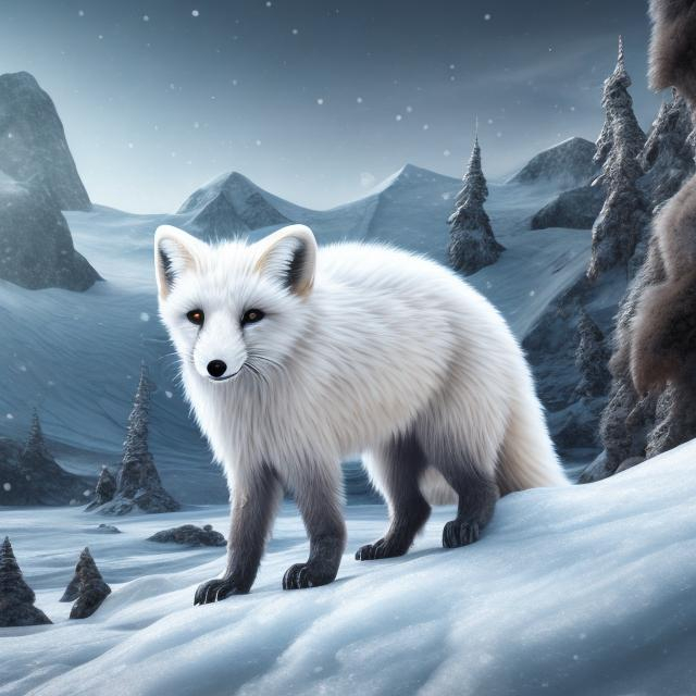 Prompt: White ice fox in Arctic, snow mountains in the background, ice particles, highres, ultra-detailed, digital painting, cool tones, detailed fur, icy atmosphere, snowy landscape, realistic, Arctic setting, majestic, mystical, icy reflections, professional, atmospheric lighting