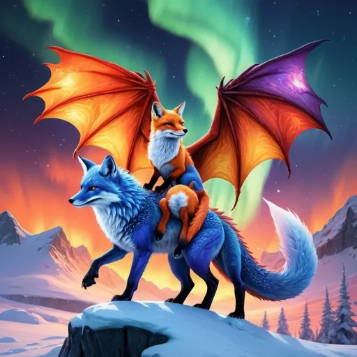 Prompt: blue and red fox riding a orange and purple fire and ice dragon and northern lights detailed hyper realistic the blue and red fox and the dragon are in the sky the fire and ice dragon has wings and a dragon tail make sure it has two dragon wings and one tail the blue and red fox is riding the dragon there should be no  green or yellow. northern lights in the sky
