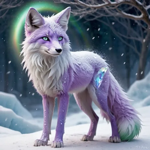 Prompt: ice elemental fox, feral fox, kitsune, nine-tailed fox, snowy lilac fur, bright rainbow purple aurora eyes, periwinkle green ears, frost, falling snow, shattered ice, soft moonlight,stunning youthful vixen, gazing at viewer, gorgeous, muscular forelegs, athletic, agile, small but absurdly powerful, enchanting, timid
