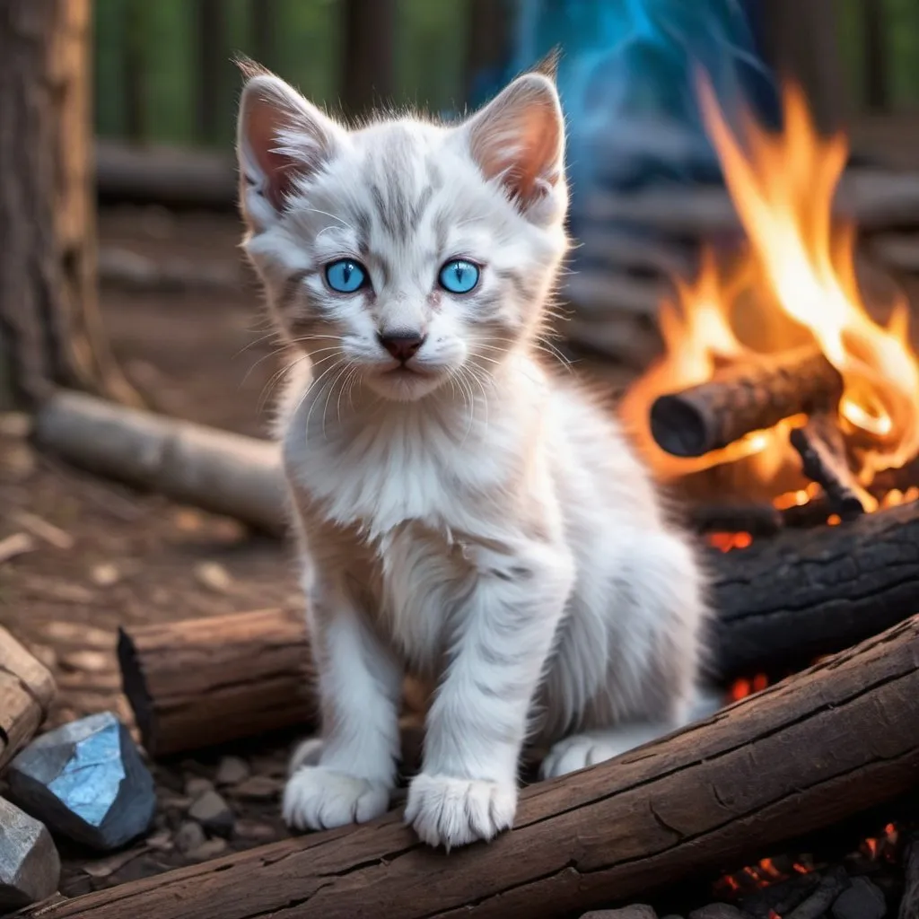 Prompt: white and gray kitten near a camp fire the kitten has glowing eyes siting beside  the kitten is a wolf the wolf has glowing blue eyes with some trees on the sides and a sunset