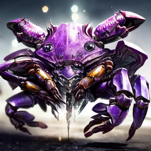 Prompt: Purple crab wearing diamond armor, holding a shotgun, detailed exoskeleton, intense and focused gaze, high-tech weaponry, fantasy, vibrant purple hues, shiny diamond armor, detailed eyes, shotgun, detailed shadows and highlights, highres, ultra-detailed, fantasy, vibrant, intense lighting