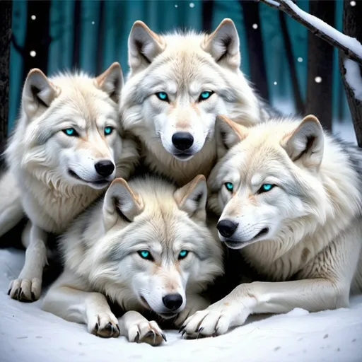 Prompt: white blue and purple wolf pack with some wolves sleeping' on snow fluffy detailed hyper realistic the wolves have light blue and green eyes bright glow in the lighting