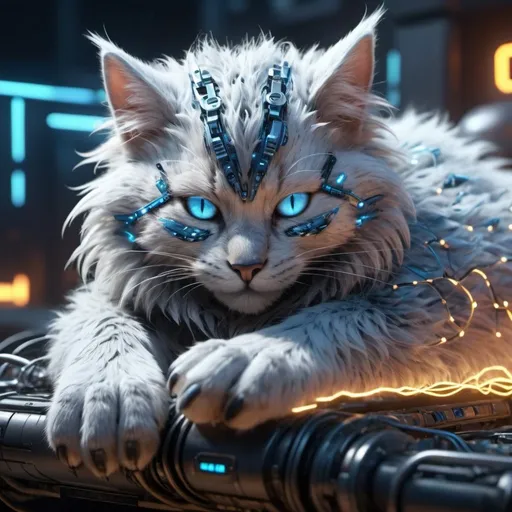 Prompt: Highly detailed phoenixpunk scene cub flying sleeping, hyper-realistic 4K rendering, volumetric lighting, HD quality, futuristic cityscape backdrop, mechanical feline with intricate joints and circuit patterns, cool-toned futuristic atmosphere, detailed fur with lifelike textures, cyberpunk aesthetic, ultra-detailed, volumetric lighting, professional rendering, HD, 4K blue eyes sleeping fluffy and electricity around its paws or in the air there are only two paws and lost of electricity phoenix flying