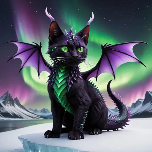 Prompt: black and green cat riding a green and purple ice dragon with some ice and northern lights detailed hyper realistic the black and green cat and the dragon are in the sky the ice dragon has wings and a dragon tail make sure it has two dragon wings and one tail the black and green cat is riding the dragon there should be no red orange or yellow. northern lights in the sky the dragon cat has lots of accents of purple and purple spikes on its dragon tail
