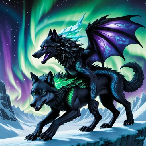 Prompt: black and blue wolf riding a green and purple fire dragon with some fire and northern lights detailed hyper realistic the black and blue wolf and the dragon are in the sky the ice dragon has wings and a dragon tail make sure it has two dragon wings and one tail the black and blue wolf is riding the dragon there should be no red orange or yellow. northern lights in the sky
