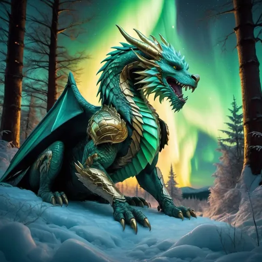 Prompt: wild Griffin dragon warrior siting in hyper realistic fantasy forest future seen with gold northern lights above the wild Griffin warrior ice element
