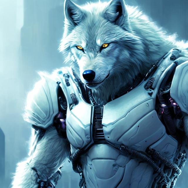 Prompt: Detailed, highres, ultra-detailed, sci-fi, cool tones, futuristic, white wolf, futuristic setting, cybernetic enhancements, glowing blue eyes, sleek fur with futuristic designs, professional, atmospheric lighting