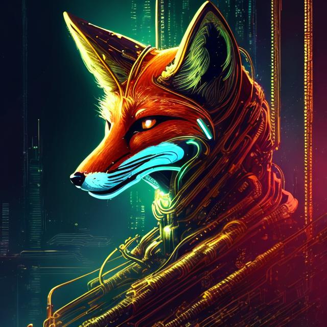 Prompt: Bright gold sci-fi fox, metallic sheen, futuristic neon glow, intricate mechanical details, high quality, ultra-detailed, sci-fi, cyberpunk, gold tones, futuristic, neon lighting