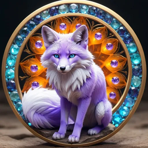 Prompt: (best quality:1.4), (masterpiece:1.4), ((Calarts style)), fluffy lilac Fox, Fox, 9 tailed fox, jewelry with precious stones, dazzling crystal glowing blue eyes, lush canyon, standing on a magic circle, vibrant glowing colors, concept art style, high quality, extreme detail, blur, depth of field, and blurred foreground, glitch-free, UHD, trending, professional shading, golden ratio, complementary colors the gold ring around it is glowing gems on its tail
