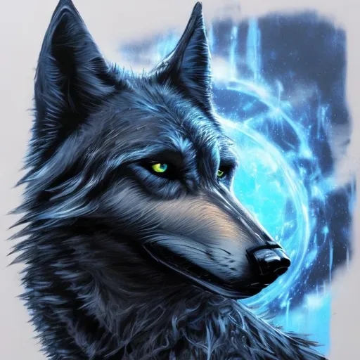 Prompt: sci fi black wolf with accents of blue detailed