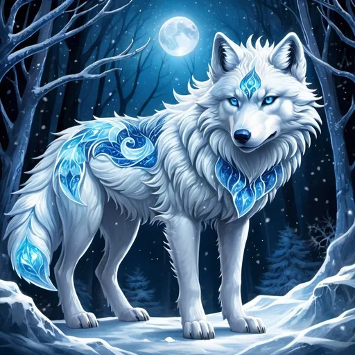 Prompt: Fantasy illustration of a majestic nine-tailed ice elemental wolf, cool blue fur, sparkling dark blue eyes, feral design, soft moonlight, enchanting, falling snow, shoots ice from tails, wise, beautiful, professional, fantasy style, cool blue tones, detailed fur, magical atmosphere
