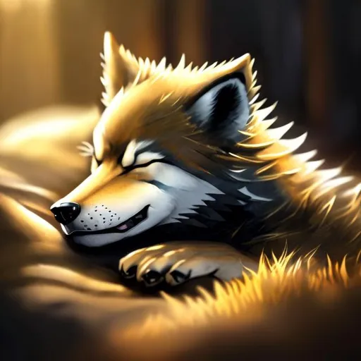 Prompt: Bright gold wolf cub sleeping, detailed black accents, high quality, detailed fur, realistic, warm lighting, animal art, golden tones, peaceful atmosphere, small size, cozy setting