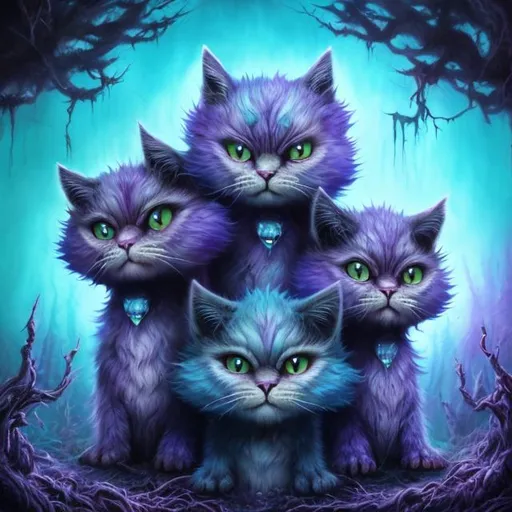 Prompt: 3-headed purple man-cat with light blue accents, detailed fur with reflections, surreal fantasy style, intense and eerie gaze, magical forest setting, high quality, fantasy, surreal, detailed fur, multiple heads, purple and light blue, atmospheric lighting