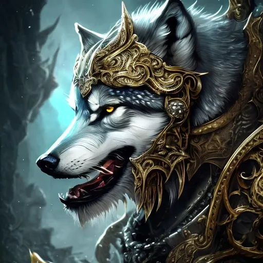 Prompt: Detailed illustration of a majestic wolf in ornate gray armor with golden gem embellishments, intense and piercing gaze, realistic fantasy art, cool and muted color palette, intricate details, highres, medieval fantasy, gray armor with golden gems, intense gaze, realistic, fantasy art, cool tones, detailed illustration, ornate design, professional, atmospheric lighting