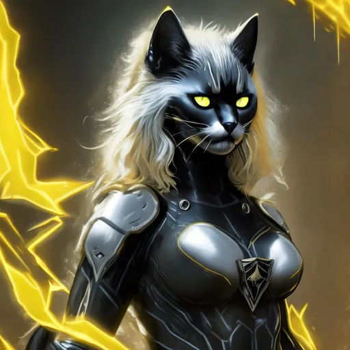 Prompt: Black cat with gray armor and yellow gems, detailed fur with sleek reflections, intense and mysterious gaze, high-tech armor, glowing yellow gemstones, highres, ultra-detailed, sleek design, professional, atmospheric lighting