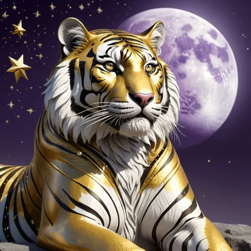 Prompt:  a gold tiger with a (crawn on) the tiger is (siting on a gold thrown with accents of silver) detailed hyper realistic and a white glowing moon in the top left corner in the sky as well as glowing stars no stars on the tiger just in the sky, the tiger is (fluffy) (the crawn is purple and silver)