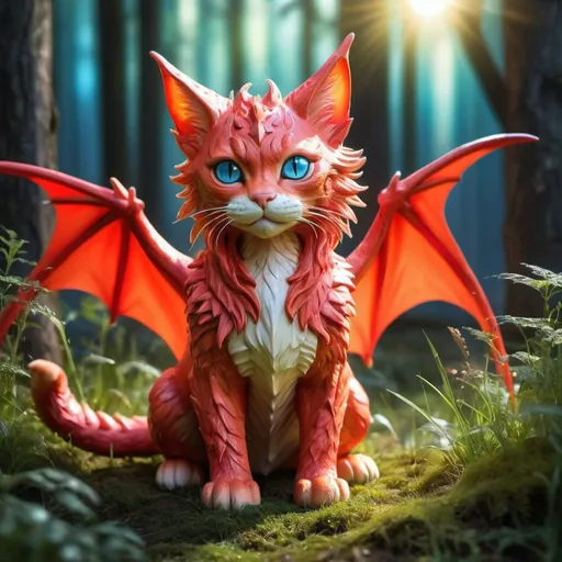 Prompt: bright sun shining, light red cat in a grass patch in the forest detailed hyper realistic good lighting nice and sunny and shiny, magic theme. magic blue and red particles glowing eyes the cat is light red with accents of orange .wild cat dragon waring a black cloak warrior siting in hyper realistic fantasy forest future seen with northern lights above the wild cat waring a cloak warrior the wild cat dragon has two dragon wings cute detailed
