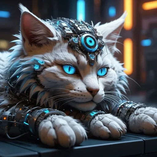 Prompt: Highly detailed phoenixpunk scene cub sleeping, hyper-realistic 4K rendering, volumetric lighting, HD quality, futuristic cityscape backdrop, mechanical feline with intricate joints and circuit patterns, cool-toned futuristic atmosphere, detailed fur with lifelike textures, cyberpunk aesthetic, ultra-detailed, volumetric lighting, professional rendering, HD, 4K blue eyes sleeping fluffy still colorful (playing video games) and electricity around its paws or in the air