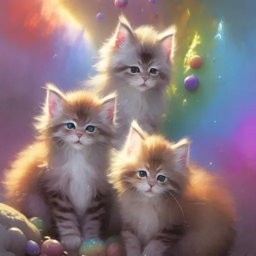 Prompt: Cute, rainbow-themed illustration of fluffy kittens, magical jam circles, realistic, extremely detailed, Krenz Cushart, loish, Gaston Bussiere, Craig Mullins, J.C. Leyendecker, Artgerm, perfect features, magical rainbow circles, fluffy design, high detail, realistic, rainbow colors, magical atmosphere, professional, vibrant lighting, highres, ultra-detailed, colorful, cute design