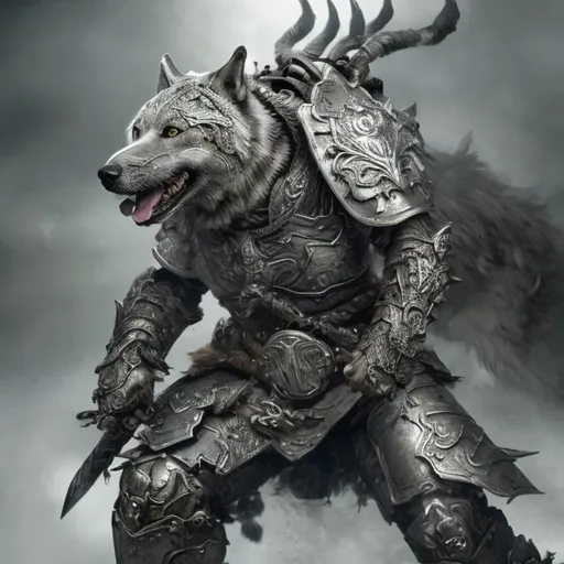 Prompt: Warrior dog in detailed gray armor, fierce expression, high-quality, detailed, realistic, fantasy, intense lighting, metallic tones, intricate design, powerful stance