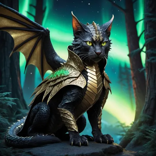 Prompt: wild cat dragon waring black armor and has scales warrior siting in hyper realistic fantasy forest future seen with northern lights above the wild cat waring a cloak warrior the wild cat dragon has two dragon wings cute detailed glowing gold eyes no wings  no dragon tail
