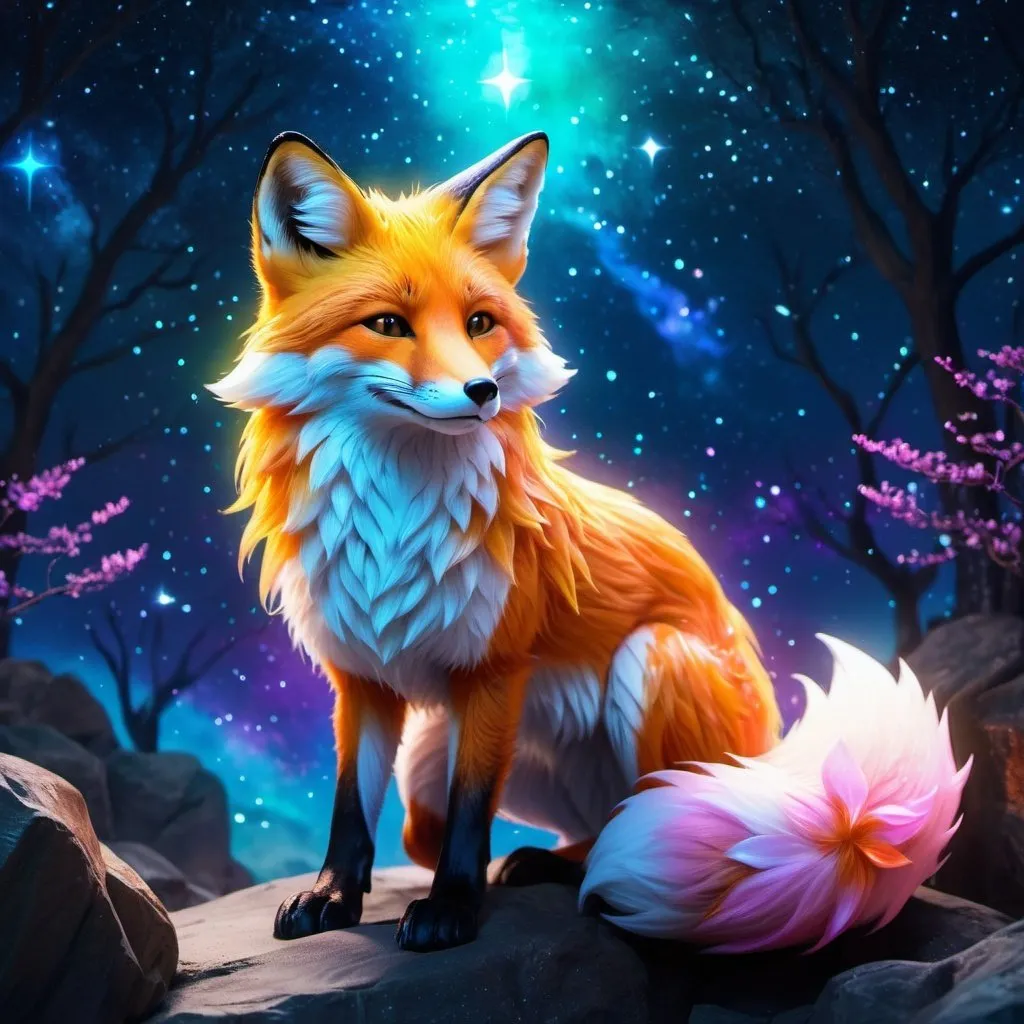 Prompt: A colorful translucent fox no kitsune that is glowing, nebula, glitter, in the den, beneath the stars, bioluminescent, highres, best quality, concept art
