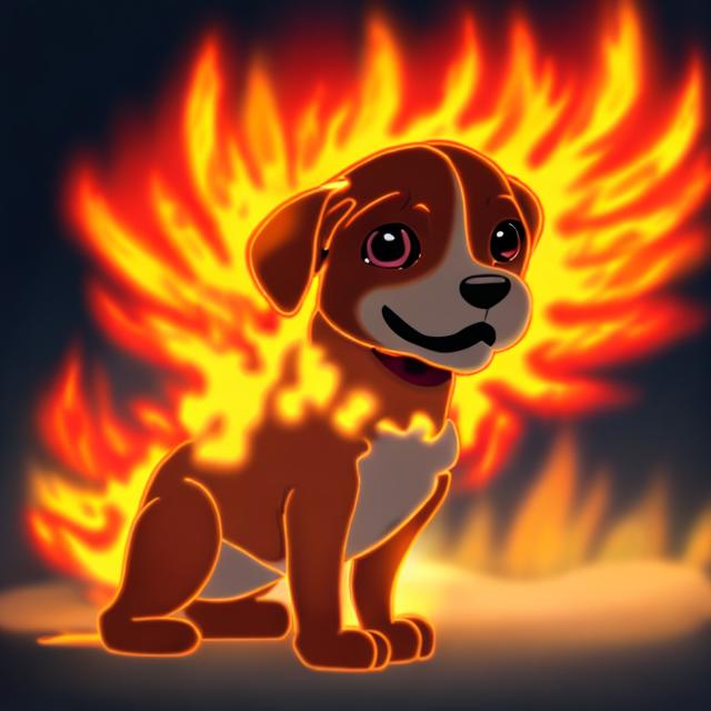 Prompt: a glowing fire dog baby anime