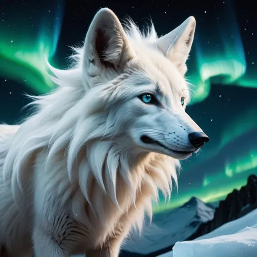 Prompt: {alolan Ninetales}, wolf, maned wolf, kitsune, ice element, detailed artwork, portrait, glistening ice blue mixed in with its fur, 8k, detailed background, auroras, brilliant night sky, mischievous, thick billowing mane, hyper realism, realistic, hyper realistic with the northern lights in the sky no orang some ice blue mixed in with the white fur
