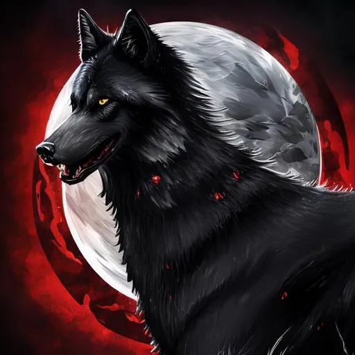 Prompt: Detailed highres illustration of a majestic black wolf, cool red accents, realistic fur details, intense and piercing gaze, mystical forest setting, moonlight casting a red glow, best quality, detailed fur, cool tones, atmospheric lighting