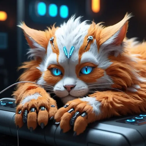 Prompt: Highly detailed phoenixpunk scene cub sleeping, hyper-realistic 4K rendering, volumetric lighting, HD quality, futuristic cityscape backdrop, mechanical feline with intricate joints and circuit patterns, cool-toned futuristic atmosphere, detailed fur with lifelike textures, cyberpunk aesthetic, ultra-detailed, volumetric lighting, professional rendering, HD, 4K blue eyes sleeping fluffy still colorful (playing video games) and electricity around its paws or in the air there are only two paws and lost of orang electricity